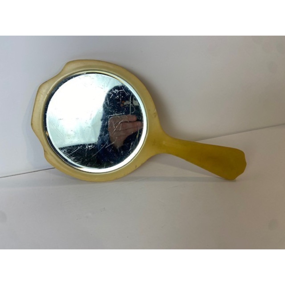 Antique French Ivory Celluloid Hand Mirror Monogrammed 1920's Beveled Glass